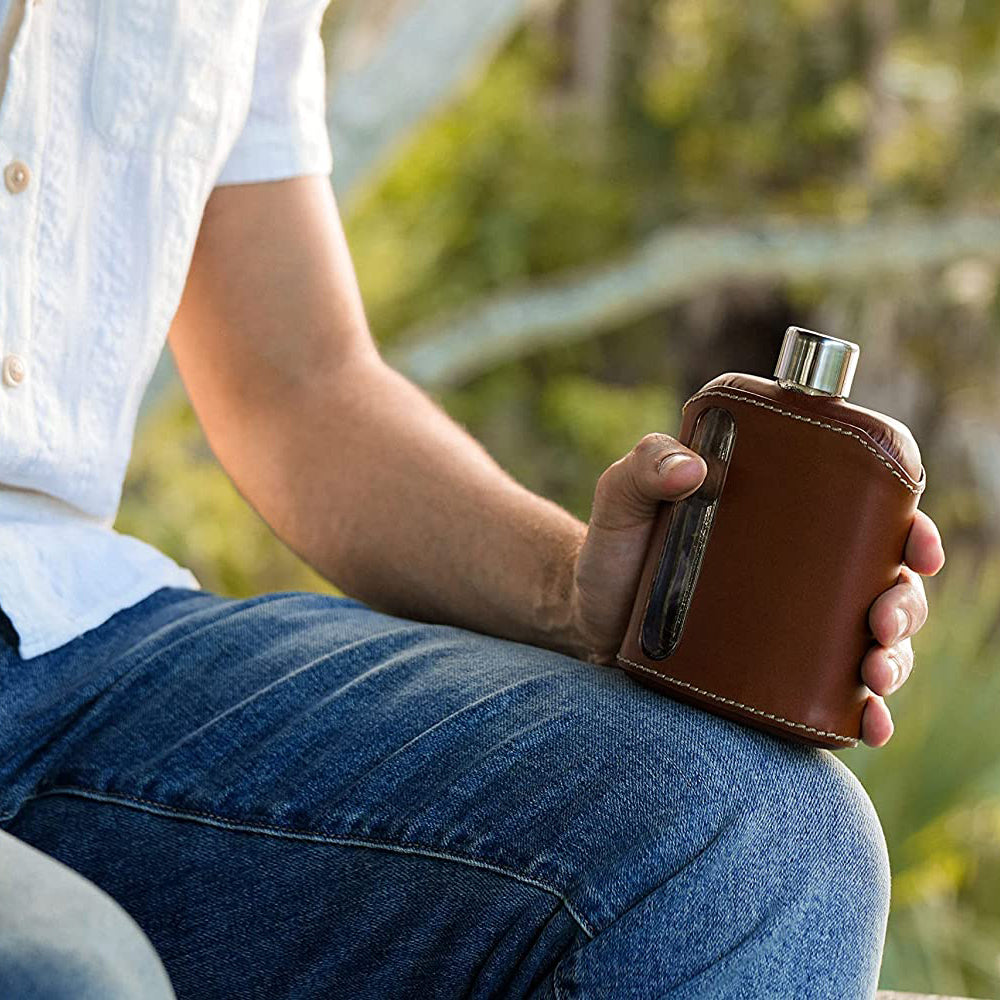 Ragproper Glazen Heupfles - Echt Leer - 240ml