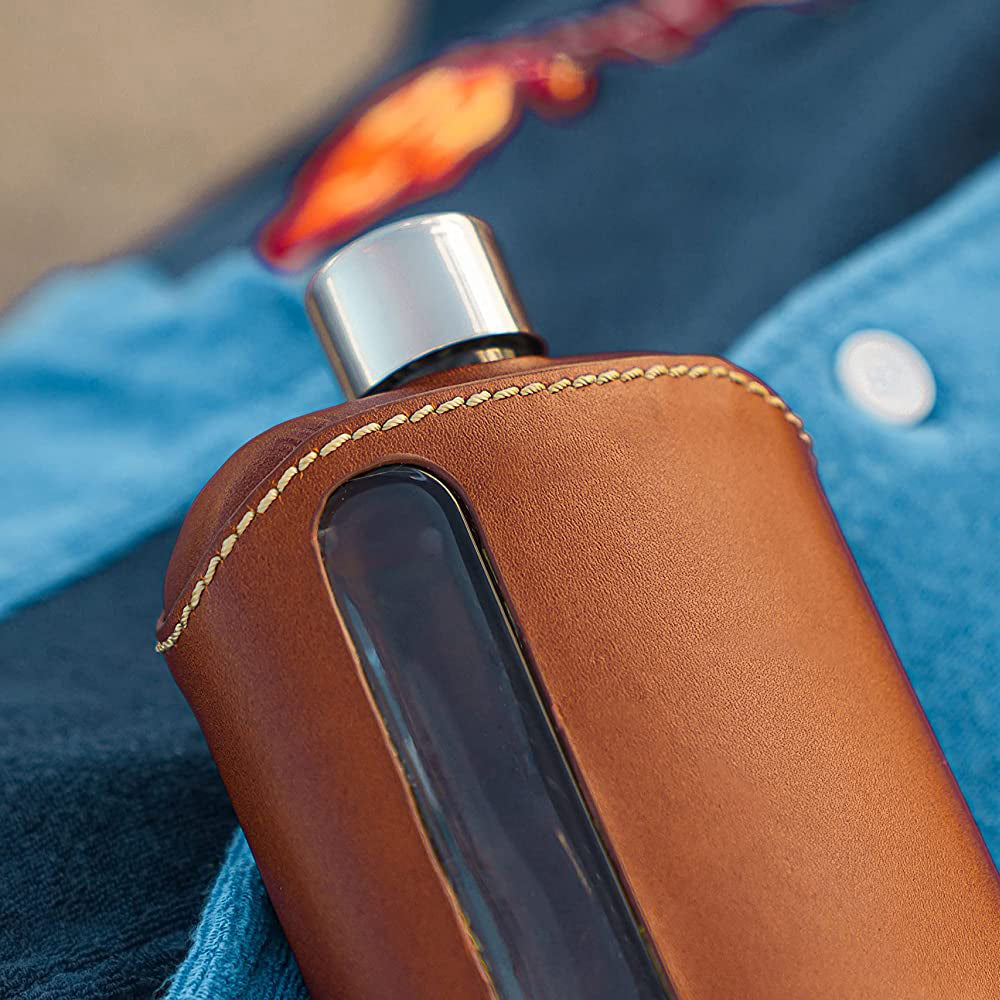 Ragproper Glazen Heupfles - Echt Leer - 240ml